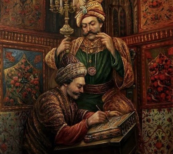 شاه عباس و استاد علیرضا عباسی در حال نسخه برداری از شاهنامه