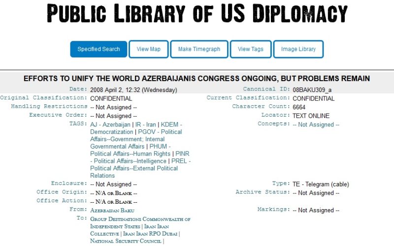 سازمان ضدایرانی «کنگره آذربایجانی‌های جهان» در اسناد ویکیلیکس